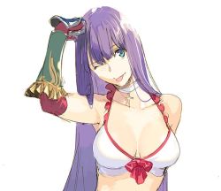 Rule 34 | 1girl, ;p, bare shoulders, bikini, blue eyes, breasts, choker, cleavage, collarbone, elbow gloves, fate/grand order, fate (series), gloves, long hair, looking at viewer, martha (fate), martha (swimsuit ruler) (fate), martha (swimsuit ruler) (third ascension) (fate), medium breasts, one eye closed, pako (pakosun), purple hair, red gloves, simple background, smile, solo, swimsuit, tongue, tongue out, upper body, white background, white bikini