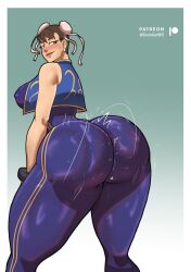 Rule 34 | 1girl, arched back, artist name, ass, ass shake, blue bodysuit, blush, bodysuit, bouncing ass, bouncing breasts, bracelet, breasts, brown hair, capcom, chinese clothes, chun-li, colacat95, covered erect nipples, earrings, feet out of frame, from behind, from side, gradient background, hair bun, highres, huge ass, jewelry, large breasts, looking at viewer, looking back, sideways glance, skin tight, smug, solo, street fighter, street fighter zero (series), teasing, thick lips, thick thighs, thighs, unitard, vest, wide hips