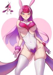Rule 34 | 1girl, absurdres, animal ears, blunt bangs, breasts, c2h5ohh, closed mouth, collarbone, covered navel, fang, female focus, gloves, highleg, highleg leotard, highres, large breasts, leotard, lips, long hair, looking at viewer, lovander, mole, mole under eye, multicolored hair, pal (creature), palworld, pink gloves, pink hair, purple eyes, reference work, revealing clothes, simple background, skindentation, smile, solo, standing, thighhighs, thighs, two-tone hair, white background, white leotard, white thighhighs
