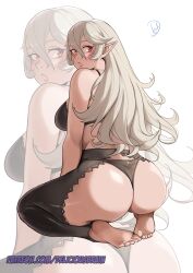 Rule 34 | 1girl, absurdres, ass, bare shoulders, barefoot, black bra, black panties, bra, breasts, commentary, corrin (female) (fire emblem), corrin (fire emblem), deliciousbrain, fire emblem, fire emblem fates, grey hair, highres, long hair, looking at viewer, medium breasts, nintendo, panties, pointy ears, red eyes, seiza, simple background, sitting, underwear, very long hair, white background, zoom layer