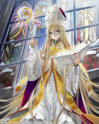 Rule 34 | 1girl, archbishop (tenkuu no crystalia), artist name, blonde hair, blue eyes, book, dress, hat, holding, holding book, jane mere, long hair, looking at viewer, mitre, open book, solo, staff, stained glass, tenkuu no crystalia, very long hair, watermark