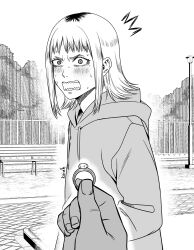 Rule 34 | 1girl, ^^^, absurdres, angry, artist name, blush, chainsaw man, drawstring, highres, holding, holding jewelry, holding ring, hood, hood down, hoodie, jewelry, kei dragonsheaven, lamppost, looking at viewer, marriage proposal, medium hair, monochrome, open mouth, outdoors, pov, pov hands, ring, sanpaku, sawatari akane (chainsaw man), sharp teeth, sidelocks, slit pupils, surprised, sweatdrop, teeth, upper body, v-shaped eyebrows, wide-eyed