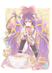 Rule 34 | 1boy, basket, black footwear, boots, bow, candy, candy cane, cape, checkered background, cup, dessert, flower, food, gloves, heart, highres, jacket, long sleeves, male focus, pink bow, plant, purple cape, purple eyes, purple hair, rento (rukeai), saikyou ginga ultimate zero ~battle spirits~, solo, spiked hair, spoon, star (symbol), stuffed animal, stuffed toy, tea, teacup, teaspoon, teddy bear, white gloves, white jacket, zero the flash