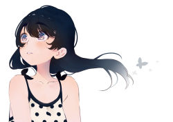 Rule 34 | 1girl, absurdres, black butterfly, black hair, blue eyes, bug, butterfly, hair between eyes, highres, insect, long hair, looking to the side, original, parted lips, polka dot, solo, upper body, waifubot, white background