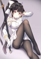 Rule 34 | 1girl, aiguillette, azur lane, black hair, black pantyhose, blush, bow, buttons, commentary request, crossed legs, crotch seam, double-breasted, female focus, gloves, hair bow, hair flaps, half gloves, hand on own face, highres, katana, knee up, long hair, looking at viewer, military, military uniform, panties, panties under pantyhose, pantyhose, pleated skirt, ponytail, sheath, sheathed, skirt, solo, sword, takao (azur lane), thighband pantyhose, underwear, uniform, very long hair, weapon, yellow eyes, yuurei yashiki
