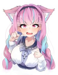 Rule 34 | 1girl, amato 0321, animal ear fluff, animal ears, blue bow, blue bowtie, blue hair, blue hairband, blush, bow, bowtie, braid, breasts, cat ears, commentary request, extra ears, fang, frilled sailor collar, frills, hairband, highres, hololive, large breasts, long sleeves, looking at viewer, minato aqua, minato aqua (sailor), multicolored hair, open mouth, pink eyes, pink hair, sailor collar, shirt, simple background, solo, twin braids, twintails, two-tone hair, upper body, v-shaped eyebrows, virtual youtuber, white background, white shirt