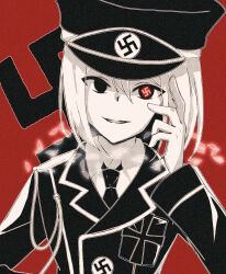 1other aiguillette coat collared_shirt commentary_request cross dress_shirt fura_meru gloves glowing_pupils greyscale_with_colored_background hair_between_eyes hand_up hat highres hitler_(reincarnation_no_kaben) iron_cross long_hair military_dress_uniform military_hat military_uniform nazi necktie other_focus peaked_cap red_background red_pupils reincarnation_no_kaben shirt short_hair shoulder_boards simple_background solo spot_color swastika swastika-shaped_pupils symbol-shaped_pupils upper_body