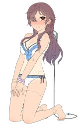 Rule 34 | 1girl, android, android girl (itou), bare shoulders, barefoot, bikini, blush, breasts, brown eyes, brown hair, cable, cleavage, flat color, full body, hair over one eye, itou (onsoku tassha), joints, kneeling, large breasts, long hair, looking at viewer, nose blush, orange eyes, original, robot joints, scrunchie, side-tie bikini bottom, sketch, solo, swimsuit, tan, tanline, v arms, wavy mouth, white background, wrist scrunchie