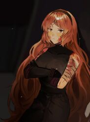 Rule 34 | absurdres, bandaged arm, bandages, black gloves, black pants, black shirt, blood, blood on face, bloody bandages, blush, breasts, brown hairband, closed mouth, covered collarbone, crossed arms, freckles, gloves, hairband, highres, ishmael (project moon), limbus company, long hair, looking at viewer, medium breasts, msx (mis4xi), orange eyes, orange hair, pants, project moon, shirt, sidelocks, sleeveless, sleeveless shirt, vambraces, very long hair