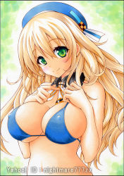 Rule 34 | 10s, 1girl, artist name, atago (kancolle), bikini, black border, blonde hair, border, breasts, covered erect nipples, detached collar, gradient background, green eyes, hat, kantai collection, long hair, marker (medium), medium breasts, nightmare77zx, solo, swimsuit, traditional media