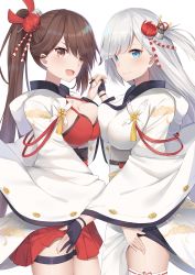 Rule 34 | 2girls, aqua eyes, azur lane, black gloves, blunt bangs, blush, breast press, breasts, brown eyes, brown hair, cleavage, closed mouth, clothes lift, coat, commentary request, dress, eyeshadow, fingerless gloves, gloves, hair between eyes, hair ornament, hand on another&#039;s thigh, highres, holding, holding hands, japanese clothes, large breasts, long hair, long sleeves, looking at viewer, makeup, medium breasts, multiple girls, obi, open mouth, ponytail, sash, shoukaku (azur lane), silver hair, skirt, skirt lift, smile, thighhighs, white coat, white legwear, wide sleeves, yukarite, zuikaku (azur lane)