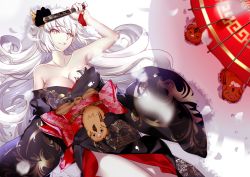 Rule 34 | 1girl, absurdres, bare shoulders, black kimono, blush, boar, breast tattoo, breasts, cleavage, fate/grand order, fate (series), folding fan, hand fan, highres, holding, holding fan, japanese clothes, jeanne d&#039;arc (fate), jeanne d&#039;arc (ruler) (fate), jeanne d&#039;arc alter (avenger) (fate), jeanne d&#039;arc alter (fate), kimono, large breasts, long hair, looking at viewer, lying, off shoulder, oil-paper umbrella, on back, paperfinger, parted lips, pig, sidelocks, silver hair, smile, solo, tattoo, umbrella, yellow eyes