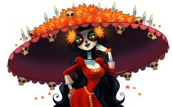 Rule 34 | 1girl, black hair, breasts, candle, cleavage, colored skin, death (entity), hand on own hip, hat, jewelry, la muerte, la muerte (the book of life), large breasts, leaning forward, long hair, looking at viewer, lowres, pendant, simple background, sombrero, the book of life, very long hair, white background, white skin, yellow eyes