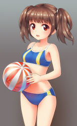 Rule 34 | 1girl, :o, ball, bare arms, bare shoulders, bikini, blue bikini, blush, breasts, brown background, brown hair, collarbone, cowboy shot, gradient background, hair tie, holding, holding ball, long hair, navel, open mouth, original, poripori, red eyes, round teeth, sidelocks, small breasts, solo, standing, striped, swimsuit, tankini, tareme, teeth, thighs, transparent, twintails