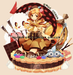 Rule 34 | 10s, 1girl, beret, blonde hair, boots, breasts, character name, charlotte (madoka magica), chocolate, cookie, copyright name, corset, detached sleeves, drill hair, food, fruit, gun, hair ornament, hat, icing, macaron, madoka runes, magical girl, magical musket, mahou shoujo madoka magica, mahou shoujo madoka magica (anime), pleated skirt, pyotr (madoka magica), skirt, soul gem, spoon, strawberry, thighhighs, tomoe mami, touki80, weapon, yellow eyes