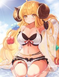 Rule 34 | 1girl, absurdres, ahoge, anila (granblue fantasy), anila (summer) (granblue fantasy), armpits, bare shoulders, bikini, blonde hair, blunt bangs, blush, bow, breasts, cleavage, curled horns, frilled bikini, frills, granblue fantasy, hand in pocket, hand up, highres, horns, in water, klaius, large breasts, long hair, looking at viewer, navel, parted lips, red bow, red ribbon, ribbon, sheep horns, sitting, solo, spread legs, stomach, swimsuit, thigh strap, very long hair, wariza, white bikini, yellow eyes