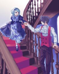 Rule 34 | 1boy, 1girl, ace attorney, ascot, blue eyes, blue hair, bow, brown hair, brown pants, child, dress, franziska von karma, frilled dress, frills, hair bow, hairband, highres, holding hands, indoors, long sleeves, miles edgeworth, oshaberi usagi, pants, parted bangs, puffy long sleeves, puffy sleeves, red carpet, red vest, ribbon, skirt hold, spiral staircase, stairs, vest, white ascot