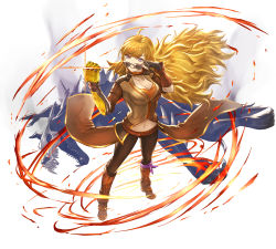 Rule 34 | 1girl, :d, :p, adjusting eyewear, blonde hair, boots, breasts, brown eyes, brown footwear, brown pants, cleavage, clenched hand, collarbone, floating hair, from above, full body, glasses, kometukimushi, large breasts, long hair, looking at viewer, midriff, navel, open mouth, pants, rwby, simple background, smile, solo, standing, stomach, sunglasses, swept bangs, tongue, tongue out, very long hair, white background, yang xiao long