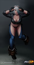 Rule 34 | 1girl, angel (kof), bad id, bad pixiv id, blue eyes, boots, breasts, cleavage, fingerless gloves, gloves, highres, huge breasts, jacket, leather, leather jacket, navel, solo, tekino, the king of fighters, the king of fighters xiv, white hair