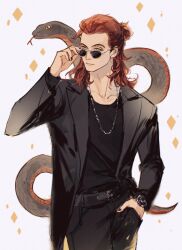 Rule 34 | 1boy, absurdres, black shirt, black suit, crowley (good omens), demon boy, formal, glasses, good omens, hair bun, highres, male focus, medium hair, red hair, shirt, single hair bun, slit pupils, snake, solo, suit, yellow eyes, yutou jun