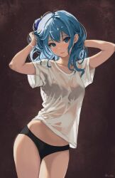 Rule 34 | 1girl, black bra, black panties, blue eyes, blue hair, bra, collarbone, commentary, cowboy shot, hair between eyes, hands in hair, highres, hololive, hoshimachi suisei, long hair, looking at viewer, making-of available, panties, parted lips, phos (s phos), see-through, see-through shirt, shirt, short sleeves, solo, symbol-only commentary, twitter username, underwear, virtual youtuber, white shirt