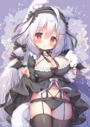 Rule 34 | 1girl, ahoge, animal ear fluff, animal ears, arm up, babydoll, bell, black babydoll, black panties, black thighhighs, blush, bow, bow panties, breasts, cat ears, cat girl, cat tail, cleavage, garter straps, grey hair, hair bow, hair ornament, hairband, hairclip, highres, jingle bell, lolita hairband, long hair, momozu komamochi, navel, no pants, open mouth, oppai loli, original, panties, red eyes, ribbon, smile, solo, stuffed toy, tail, thighhighs, thighs, underwear, underwear only, very long hair
