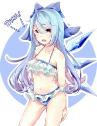 Rule 34 | circled 9, 1girl, alternate hair length, alternate hairstyle, arms behind back, bikini, blue bikini, blue bow, blue eyes, blue hair, blush, body blush, bow, breasts, cinderella bust, cirno, collarbone, frilled bikini, frills, hair between eyes, hair bow, halterneck, halterneck, highres, ice, ice wings, long hair, looking at viewer, navel, open mouth, outline, romaji text, simple background, small breasts, solo, standing, swimsuit, teeth, touhou, underboob, white background, wings, yilocity