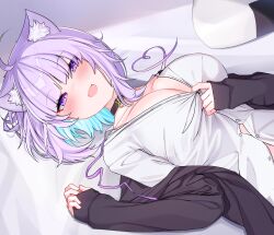 Rule 34 | 1girl, absurdres, ahoge, animal ear fluff, animal ears, aurahman, blue hair, blush, breasts, cat ears, cat girl, cleavage, colored inner hair, fang, highres, hololive, large breasts, looking at viewer, lying, medium hair, multicolored hair, naked shirt, neck ribbon, nekomata okayu, nekomata okayu (oversized shirt), official alternate costume, on back, open mouth, purple eyes, purple hair, purple ribbon, ribbon, shirt, smile, untied ribbon, virtual youtuber, white shirt