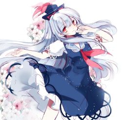 Rule 34 | 1girl, bad id, bad twitter id, blue dress, blue hair, bow, cierra (ra-bit), dress, floral background, flower, frills, hat, kamishirasawa keine, long hair, puffy sleeves, red eyes, short sleeves, simple background, smile, solo, touhou, white background