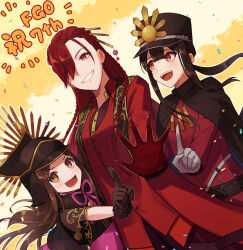 Rule 34 | 1boy, 2girls, belt, black hair, brown eyes, brown hair, chacha (fate), family crest, fate/grand order, fate (series), formal, gloves, grin, hair over one eye, hat, highres, long sleeves, looking at another, looking at viewer, low ponytail, multiple girls, oda nobukatsu (fate), oda nobunaga (fate), oda nobunaga (maou avenger) (fate), oda uri, open hand, open mouth, pointing, pointing up, red eyes, red gloves, red hair, shako cap, sidelocks, smile, teeth, trap, upper body, upper teeth only, white gloves, yzrh0