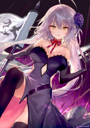Rule 34 | 1girl, ahoge, ainy, artist name, bare shoulders, black dress, black gloves, black thighhighs, blush, breasts, choker, cleavage, clothing cutout, collarbone, commentary request, cowboy shot, dress, elbow gloves, eyelashes, fate (series), flag, flower, gloves, gluteal fold, hair between eyes, hair flower, hair ornament, hand up, highres, holding, holding flag, jeanne d&#039;arc (fate), jeanne d&#039;arc alter (avenger) (fate), jeanne d&#039;arc alter (avenger) (third ascension) (fate), jeanne d&#039;arc alter (fate), lace trim, large breasts, light particles, long hair, looking at viewer, official alternate costume, parted lips, purple flower, purple rose, red choker, red ribbon, ribbon, ribbon choker, rose, side cutout, silver hair, smile, solo, strapless, strapless dress, thighhighs, twitter username, very long hair, yellow eyes