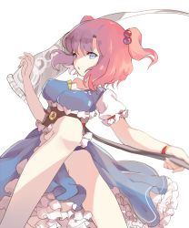 Rule 34 | 1girl, bare shoulders, belt, blue dress, blue eyes, bracelet, breasts, coin, covered erect nipples, dress, hair bobbles, hair ornament, jewelry, large breasts, looking at viewer, off shoulder, onozuka komachi, petticoat, puffy short sleeves, puffy sleeves, red hair, reeh (yukuri130), scythe, shirt, short sleeves, simple background, solo, touhou, two side up, white background