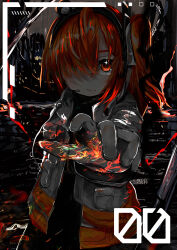 Rule 34 | 1girl, a.i. voice, abstract background, absurdres, adachi rei, black shirt, black skirt, commentary request, cowboy shot, dark, gloves, hair over one eye, headlamp, highres, jacket, light frown, lightning, long hair, long sleeves, looking at viewer, microphone, nekotani nekoko, night, one side up, open clothes, open jacket, orange eyes, orange hair, radio antenna, reaching, reaching towards viewer, serious, shirt, skirt, solo, star (symbol), star in eye, symbol in eye, utau, water, white gloves, white jacket