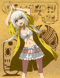 Rule 34 | 1girl, :d, alternate skin color, arms up, bikini, bikini under clothes, bracelet, brown background, collarbone, danganronpa (series), danganronpa v3: killing harmony, dosugon, egyptian, feet out of frame, frilled bikini, frilled skirt, frills, jacket, jewelry, long hair, navel, necklace, open mouth, own hands together, shell, shell necklace, skirt, smile, swimsuit, tongue, twintails, white bikini, yellow jacket, yonaga angie