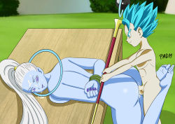 Rule 34 | 1boy, 1girl, absurdres, ass, barefoot, bdsm, black hair, blue skin, breasts, cabba, colored skin, cum, cum in pussy, dragon ball, dragon ball super, facial, feet, hetero, highres, nude, padm, penis, purple eyes, pussy, sex, size difference, super saiyan, super saiyan blue, text focus, thighs, uncensored, vados (dragon ball), white hair