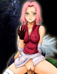 Rule 34 | 1boy, 1girl, alternate breast size, arm warmers, bandages, bare shoulders, black gloves, blush, breasts, censored, circle anco, cleavage, clothes lift, collarbone, covered erect nipples, cowgirl position, forehead protector, girl on top, gloves, green eyes, grey hair, haruno sakura, hatake kakashi, headband, headdress, hetero, impossible clothes, impossible shirt, konohagakure symbol, large breasts, looking at viewer, miniskirt, mosaic censoring, naruto (series), naruto shippuuden, no bra, no pants, parted lips, penis, pink hair, pink skirt, pussy, red shirt, reverse cowgirl position, sex, sex from behind, shirt, short hair, skirt, skirt lift, sleeveless, sleeveless shirt, smile, solo focus, spiked hair, spread legs, straddling, sweat, sweatdrop, unzipped, vaginal, zipper
