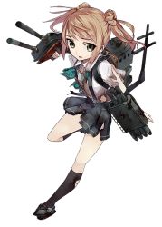 Rule 34 | 10s, 1girl, arm warmers, bow, damaged, double bun, dress shirt, full body, green eyes, grey skirt, kantai collection, konishi (koconatu), leg up, light brown hair, machinery, michishio (kancolle), official art, open mouth, plaid, plaid bow, pleated skirt, shirt, short hair, skirt, solo, suspenders, torn clothes, torn shirt, torn skirt, transparent background, two side up