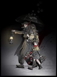 Rule 34 | 1boy, 1girl, absurdres, aimerrr, asymmetrical legwear, axe, backpack, bag, baseball cap, bedroll, belt, black coat, black footwear, black hair, black shorts, black socks, blood, blood on face, blood splatter, capelet, carrying, coat, dark, earbuds, earphones, earrings, folded ponytail, from side, goggles, hair ornament, hat, highres, holding, holding axe, holding lantern, hoop earrings, jewelry, knife, lantern, looking at viewer, mismatched legwear, night, open mouth, original, outdoors, pale skin, pink eyes, profile, radio, red hair, red scarf, scarf, shoes, shorts, size difference, sneakers, socks, swept bangs, trench coat, umbrella, walking, x hair ornament
