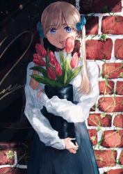 Rule 34 | 1girl, absurdres, black skirt, blonde hair, blue bow, blue eyes, bow, brick wall, cowboy shot, dyuba000, flower, hair bow, highres, huge filesize, leaf, long hair, looking at viewer, original, parted lips, pink flower, plant, shirt, shirt tucked in, skirt, sleeves past wrists, solo, tulip, twintails, vines, white shirt