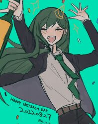 Rule 34 | 1boy, aqua background, arms up, black jacket, black pants, blush, closed eyes, collared shirt, confetti, drunk, green hair, green necktie, hat, highres, jacket, lk0 71604, lobotomy corporation, long hair, long sleeves, male focus, necktie, netzach (project moon), open mouth, pants, party hat, project moon, shirt, simple background, smile, solo, sparkle, very long hair, white shirt