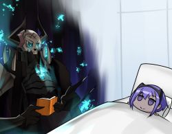 Rule 34 | 1boy, altronage, armor, bed, black skin, book, chibi, colored skin, fate/grand order, fate/prototype, fate/prototype: fragments of blue and silver, fate (series), glowing, glowing eyes, hairband, hassan of serenity (fate), horns, king hassan (fate), mask, open book, purple hair, reading, sitting, skull, skull mask