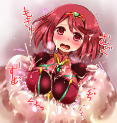 Rule 34 | 1girl, blush, breasts, earrings, gloves, hair ornament, jewelry, kerneed, like like, looking at viewer, monster, nintendo, pyra (xenoblade), red eyes, red hair, short hair, shorts, sidelocks, slime, solo, tentacles, text focus, tiara, vore, xenoblade chronicles (series), xenoblade chronicles 2