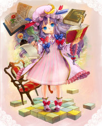 Rule 34 | 1girl, blue eyes, book, boots, bottle, bow, chair, child, coat, crescent, dress, female focus, flower, hair bow, hat, ink bottle, long hair, nokuran, open book, overcoat, parchment, patchouli knowledge, pigeon-toed, purple hair, quill, solo, striped, touhou, vertical stripes, writing