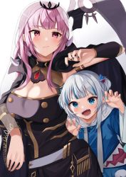Rule 34 | 2girls, armpits, black nails, blue eyes, blue hair, blue jacket, blush, breasts, cleavage, cleavage cutout, closed mouth, clothing cutout, commentary request, fingernails, gawr gura, gawr gura (1st costume), hair ornament, highres, holding, holding scythe, hololive, hololive english, jacket, large breasts, long hair, looking at viewer, moonbell, mori calliope, mori calliope (1st costume), multicolored hair, multiple girls, nail polish, open mouth, pink eyes, pink hair, scythe, sharp teeth, simple background, smile, teeth, two-tone hair, veil, virtual youtuber, white background, white hair