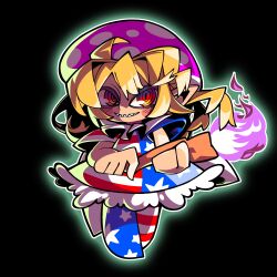 Rule 34 | 1girl, american flag, american flag dress, american flag legwear, aura, blonde hair, chibi, clownpiece, commentary request, fire, full body, grin, highres, holding, holding torch, long hair, looking at viewer, neck ruff, pantyhose, pink fire, pink headwear, polka dot headwear, red eyes, ringed eyes, sharp teeth, smile, solo, star (symbol), star print, striped clothes, striped pantyhose, teeth, tonchamon san, torch, touhou