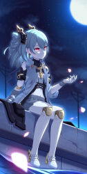 Rule 34 | 1girl, absurdres, artist request, closed mouth, doll joints, drill hair, earrings, full body, full moon, grey hair, hair between eyes, hair ornament, highres, honkai (series), honkai impact 3rd, jewelry, joints, long hair, moon, navel, night, night sky, outdoors, petals, prometheus (honkai impact), red eyes, sitting, sky, solo, star (sky), starry sky, twin drills, white footwear