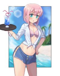 Rule 34 | 1girl, beach, blue eyes, chiyoda momo, crazy straw, cup, day, drinking straw, front-tie top, hand on own hip, heart straw, highres, machikado mazoku, navel, pink hair, shore, short shorts, shorts, sky, solo, suzushi moruto, tray, tropical, water