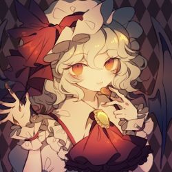 Rule 34 | 1girl, ascot, bad id, bad twitter id, bat wings, brooch, candy, chocolate, chocolate heart, commentary, food, hands up, hat, hat ribbon, heart, highres, holding, jewelry, looking at viewer, mob cap, namakuby, red ascot, red eyes, red ribbon, remilia scarlet, ribbon, shirt, short hair, smile, solo, symbol-only commentary, touhou, upper body, white hat, wings, wrist cuffs
