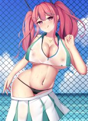 Rule 34 | 1girl, :q, absurdres, azur lane, bare shoulders, black panties, blue sky, blush, breasts, bremerton (azur lane), bremerton (scorching-hot training) (azur lane), chain-link fence, cleavage, clothes pull, cloud, collarbone, collared shirt, commentary, covered erect nipples, cowboy shot, crop top, crop top overhang, day, ear piercing, fence, green skirt, grey hair, groin, hair between eyes, hair intakes, hair ornament, hairclip, hand up, head tilt, heart, heart-shaped pupils, heart necklace, highres, huge filesize, jewelry, large breasts, long hair, looking at viewer, midriff, multicolored hair, nail polish, navel, navel piercing, necklace, no mole, panties, piao mao, piercing, pink eyes, pink hair, pink nails, see-through, shirt, sidelocks, skindentation, skirt, skirt pull, sky, sleeveless, sleeveless shirt, smile, solo, sportswear, standing, steam, streaked hair, sweat, symbol-shaped pupils, tennis uniform, tongue, tongue out, twintails, two-tone hair, two-tone shirt, two-tone skirt, underboob, underwear, wet, wet clothes, wet shirt, white shirt, white skirt, x hair ornament