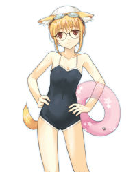 Rule 34 | 1girl, animal ears, black one-piece swimsuit, competition school swimsuit, covered navel, dasoku sentarou, dog ears, flat chest, fox ears, glasses, hands on own hips, one-piece swimsuit, original, school swimsuit, shiba inu, solo, swimsuit, tail